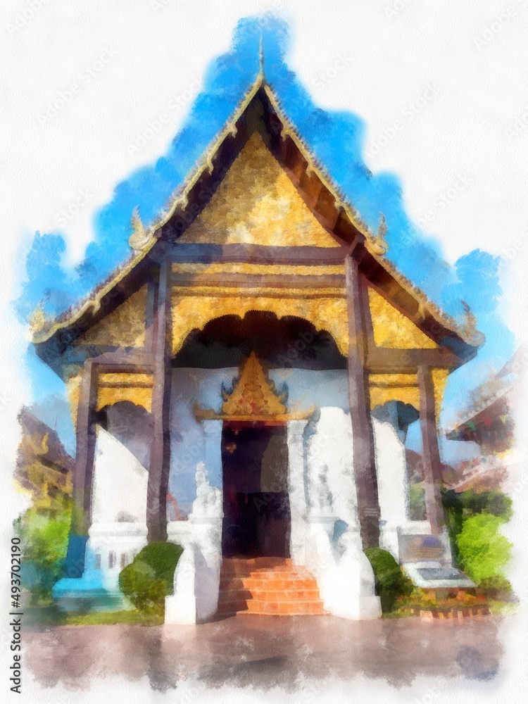 Landscape of ancient northern architecture in Chiang Mai Thailand watercolor style illustration impressionist painting.