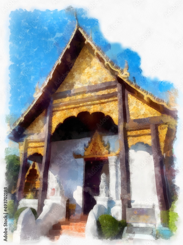 Landscape of ancient northern architecture in Chiang Mai Thailand watercolor style illustration impressionist painting. Landscape of ancient northern architecture in Chiang Mai Thailand watercolor style illustration impressionist painting.
