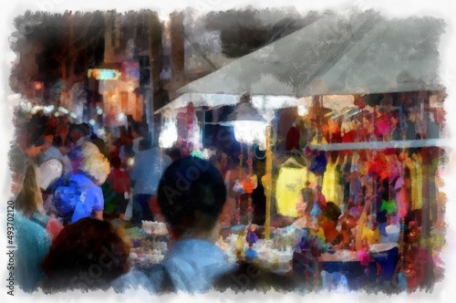Landscape of Chiang Mai Walking Market in Thailand watercolor style illustration impressionist painting. © Kittipong