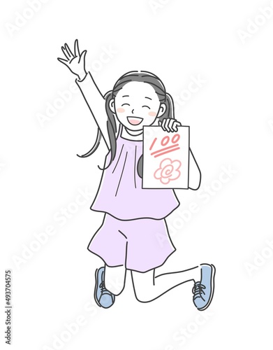テストで100点をとって喜ぶ女の子のイラスト素材