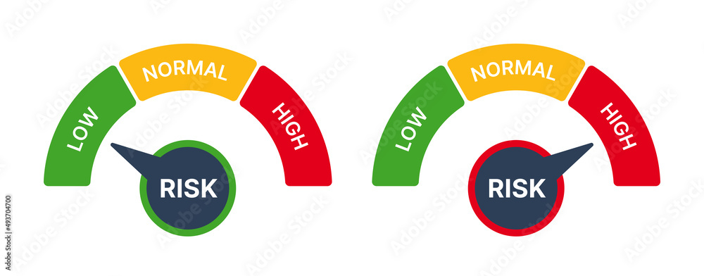 High and Low risk gauge icon isolated on white background. Risk icon on