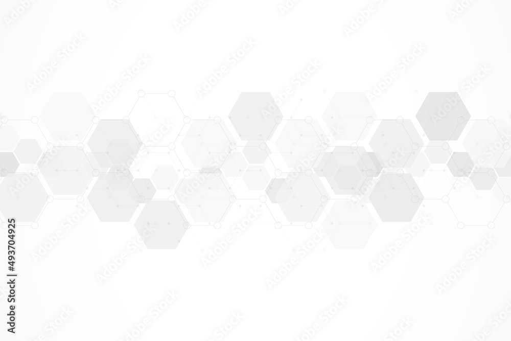 Hexagons pattern on gray background. Genetic research, molecular structure. Chemical engineering. Concept of innovation technology. Used for design healthcare, science and medicine background Hexagons pattern on gray background. Genetic research, molecular structure. Chemical engineering. Concept of innovation technology. Used for design healthcare, science and medicine background