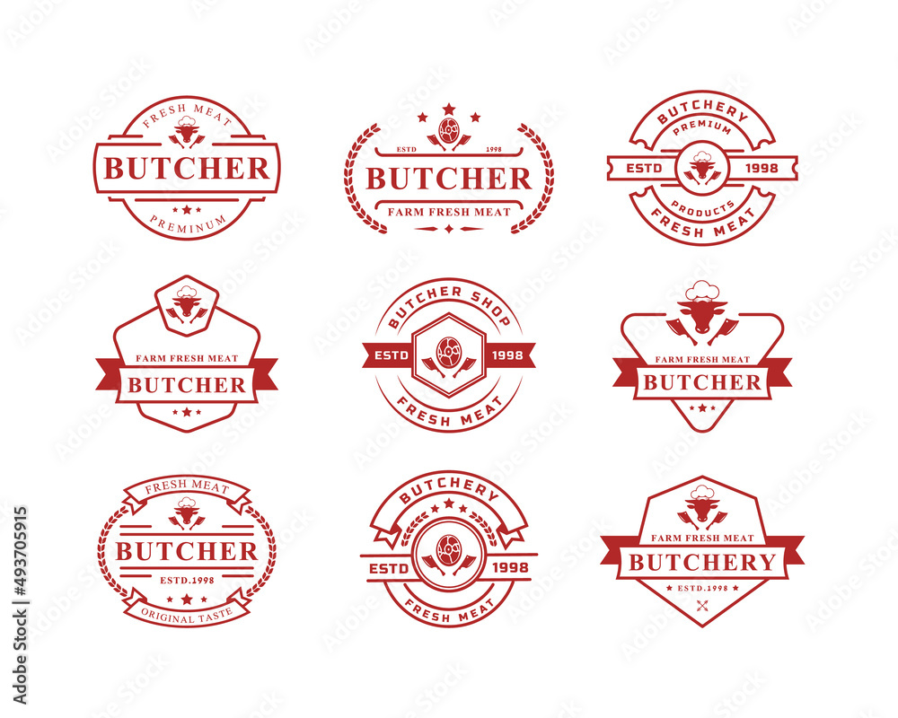 Vintage Retro Butcher shop Vector Illustration Good for Farm or Restaurant Badges with Animals and Meat Silhouettes Typography Emblems Logo Design