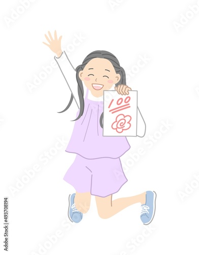 テストで100点をとって喜ぶ女の子のイラスト素材
