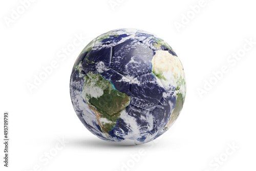 Soccer ball with the realistic image of the planet Earth isolated on white background. 3d illustration.