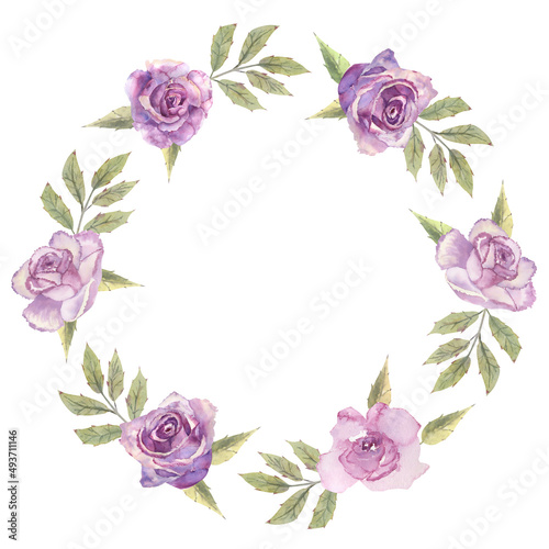 Floral wreath with purple roses and anemones on a white isolated background. Hand-drawn watercolor illustration