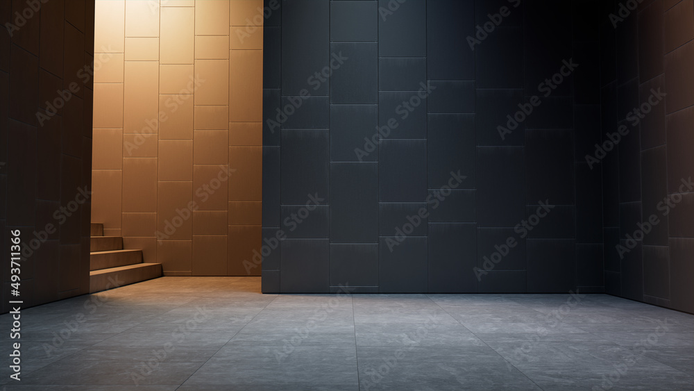 Modern Industrial Interior with Black Cladding Walls and Tiled Concrete Floor. Empty Art Gallery, Architectural 3D Render. Modern Industrial Interior with Black Cladding Walls and Tiled Concrete Floor. Empty Art Gallery, Architectural 3D Render.