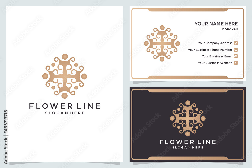 Minimalist flower logo ornament with line and business card