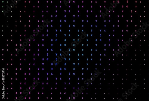 Dark pink, blue vector texture with financial symbols.