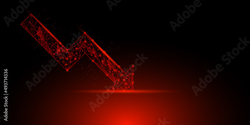 Economic critical crisis concept. A low polygon with a wireframe of the lower arrow and shiny red background. Recession financial, cryptocurrency, gold, and the stock market. Losing money and cash. ..