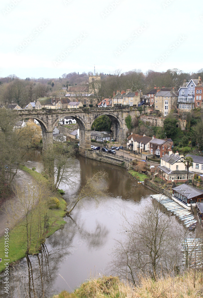 Town landscape and river Nidd viewed from castle in Knaresboroughon 