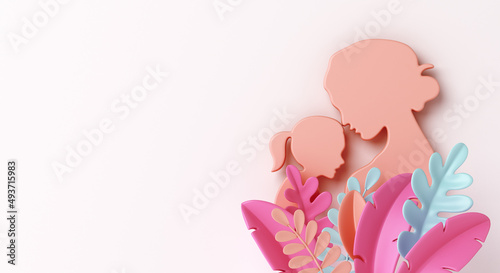 Happy Mother`s Day decoration background with silhouette and leaves, copy space text, 3D rendering illustration