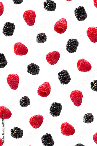 Wallpaper Mural Raspberries abstract background. Fruit pattern of colorful wild berries isolated on white background. Raspberries, blackberry and brumble. Top view. Flat lay Torontodigital.ca