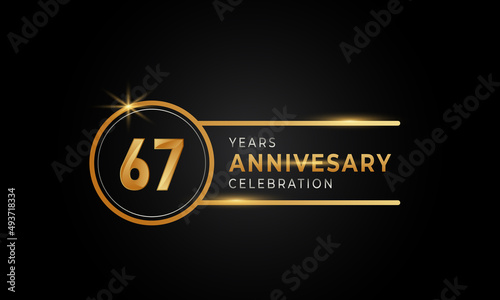 67 Year Anniversary Celebration Golden and Silver Color with Circle Ring for Celebration Event, Wedding, Greeting card, and Invitation Isolated on Black Background
