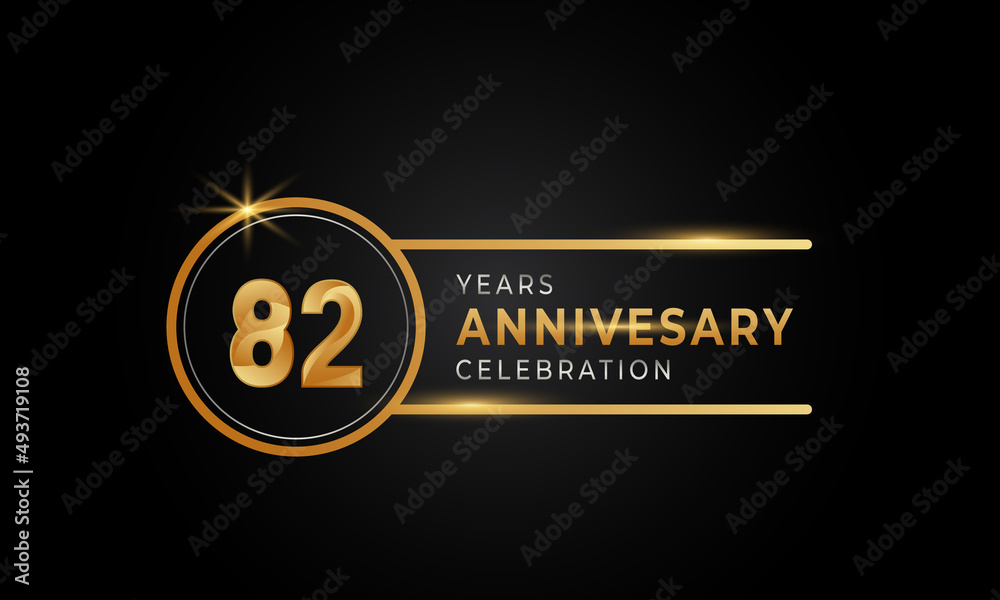 82 Year Anniversary Celebration Golden and Silver Color with Circle Ring for Celebration Event, Wedding, Greeting card, and Invitation Isolated on Black Background
