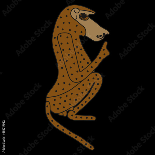 Seated male hamadryas baboon monkey or ape. Ancient Egyptian animal design. Embodiment of god Thoth. Brown silhouette on black background.