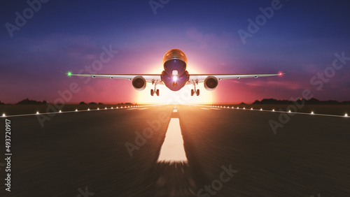 Airplane taking off from the airport.airplane flying take off from runway on sunset 3D rendering