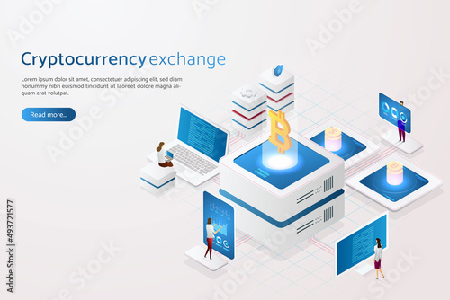 Group of people working analysts and managers on computers for exchange. Cryptocurrency and blockchain.