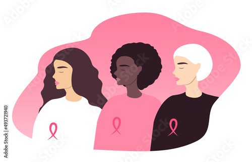 vector illustration ib flat style on the theme of the fight against breast cancer. three women of different races with a pink ribbon