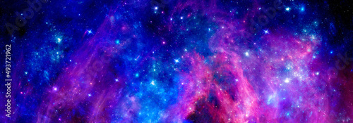 Panoramic space scene with stars and purple nebula