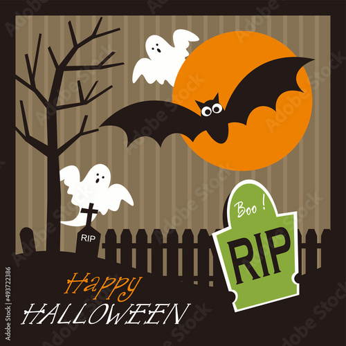 halloween background with bats, ghost and grave yard