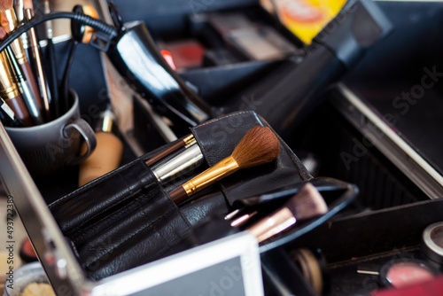 Wallpaper Mural Dedicated focus Make-up converter on makeup artist's table with lots of makeup artist tools. The stack surrounds the makeup artist's table, leaving room for text. Torontodigital.ca