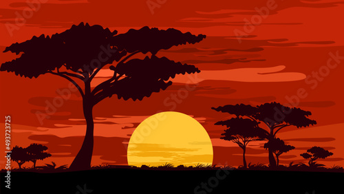 Sunset landscape with red sky clouds. Shadows on hills and trees on the coast. vector of natural scenery with sunrise