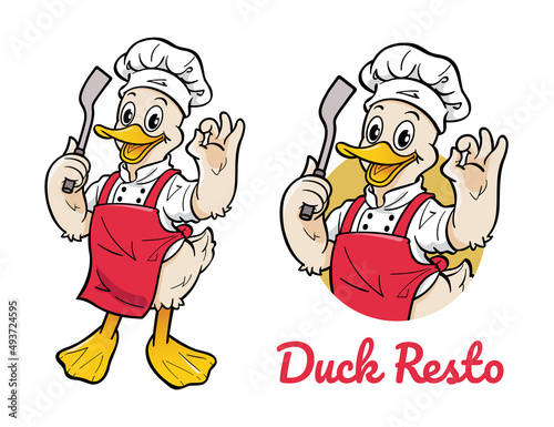 Cute duck cartoon character wearing chef uniform.