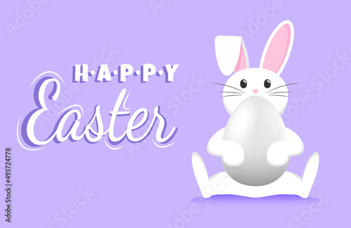 The Easter Bunny sits with a white 3D egg in its paws. Happy Easter lettering. Banner or greeting card in purple.