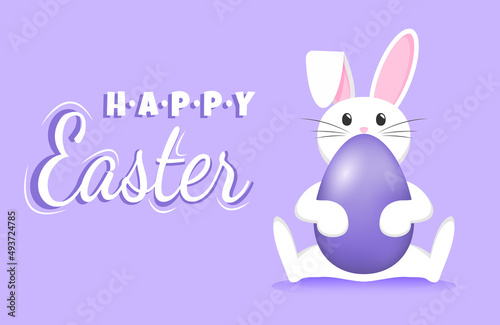An Easter Bunny sits with a purple 3D egg in its paws. Happy Easter lettering. Banner or greeting card in purple.