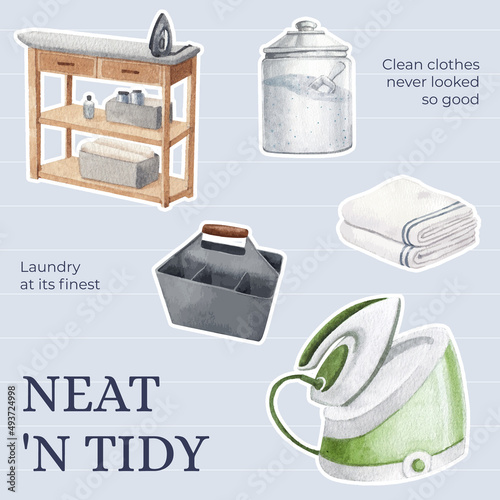 Sticker template with laundry day concept,watercolor style