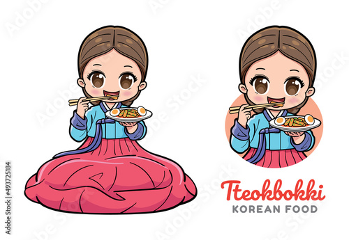 Cute girl sitting and eating tteokbokki or Korean spicy rice cake.