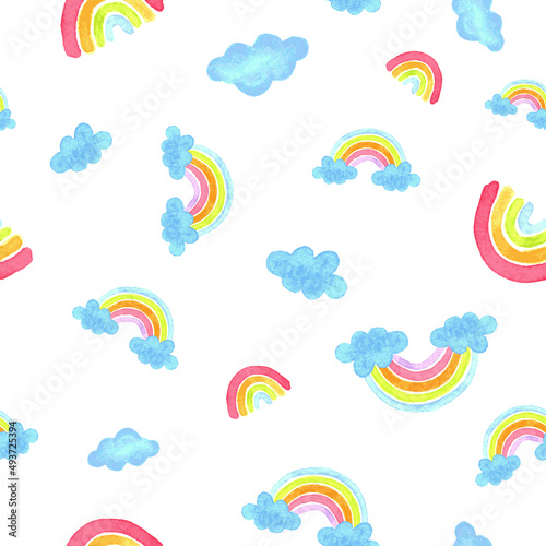 Vector watercolor rainbows and clouds seamless pattern. Fun and colorful.