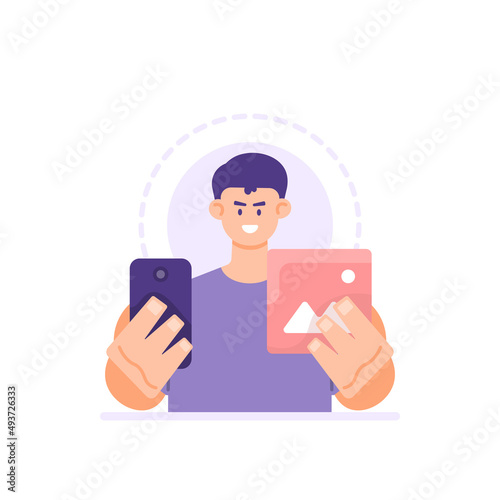 man taking a picture or selfie. take a photo of his own face and show an identity card. self verification or information. flat cartoon style. vector design illustration. landing page, ui, elements