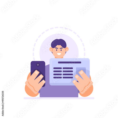 man taking a picture or selfie. take a photo of his own face and show an identity card. self verification or information. flat cartoon style. vector design illustration. landing page, ui, elements
