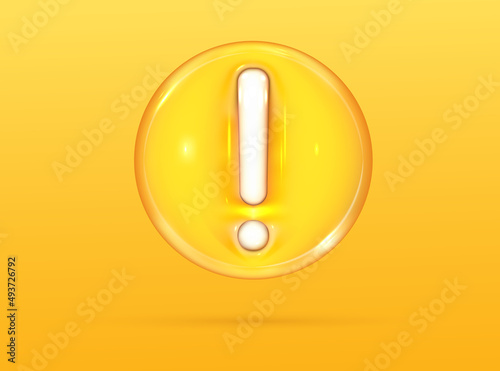 Caution sign 3d. Hazard warning yellow sticker. Danger, attention and important exclamation mark in circle. Realistic vector render design element.
