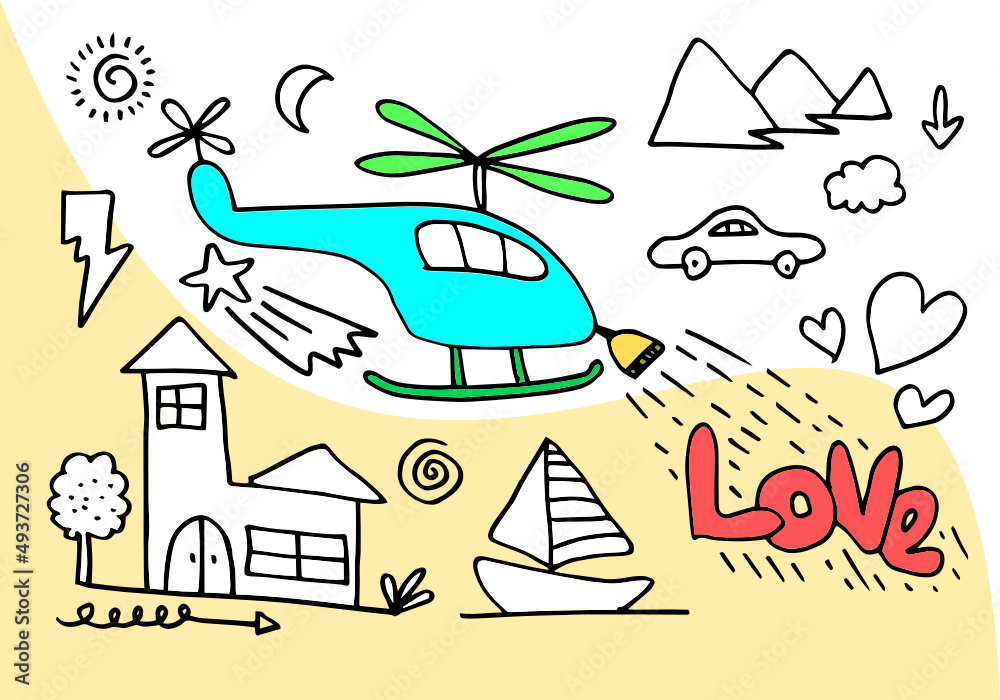 Hand drawn love illustration with helicopter emitting love text light. Hand drawn design elements. Can be used as a greeting card for Valentine's Day or a wedding, as a print on a t-shirt. vector illu