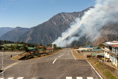 Forest Fire and Lukla Airport Runway photo