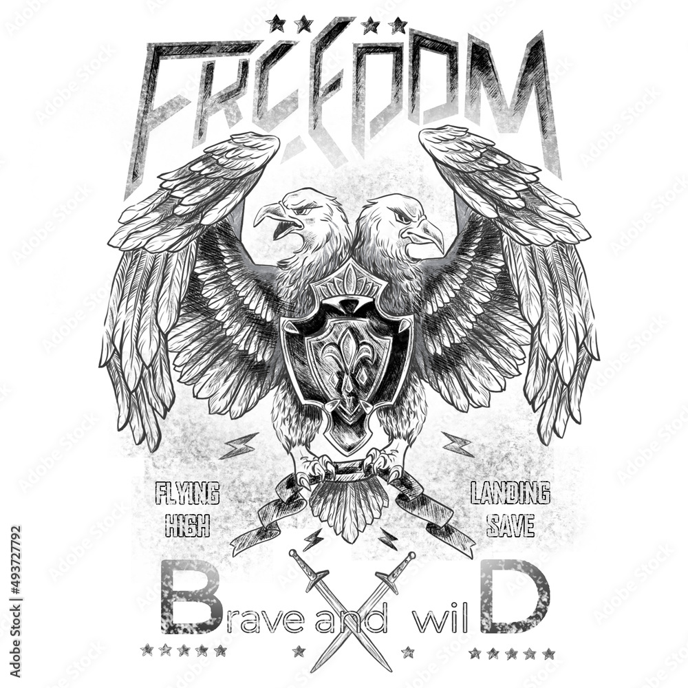 Obraz premium double-headed eagle with shield and ribbon hand drawn isolated on white