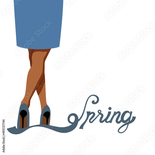 Women's footwear stylish shoes sale banner vector. Shopping concept seasonal discounts. Beautiful female legs with high heel shoes and tote bag. Fashion illustration flat style. Isolated objects