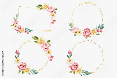 Peony and Spring Flowers with Golden Frames