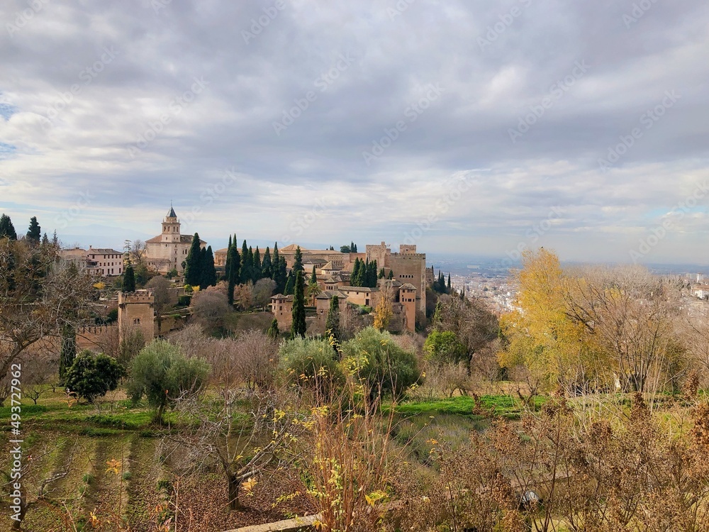 [Spain] Exterior view of Alcazaba and church as seen from Generalife (The Alhambra, Granada)