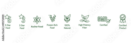 quality food line icon set 5 stars, 3 stars, kosher food, protein-rich food, 100% natural, high potency fiber, GMP, certified product 