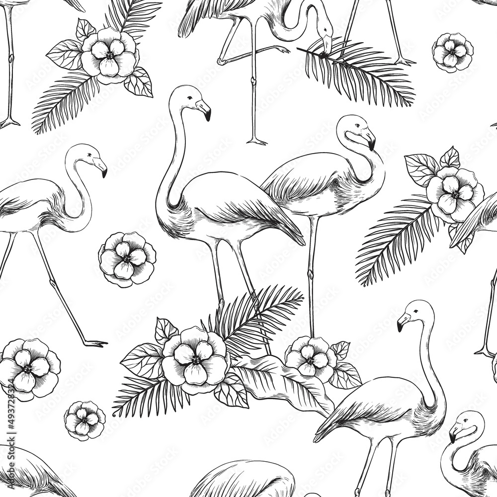 Fototapeta premium Flamingo sketch pattern. Seamless print of exotic tropical bird. Feathered animals hand drawn background. Flying creatures and blossoms. Palm leaves. Blooming flowers. Vector texture
