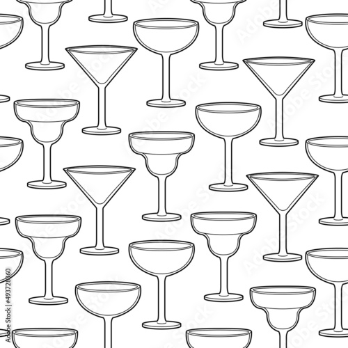 Vector line art seamless pattern alcohol glasses. Vector illustration