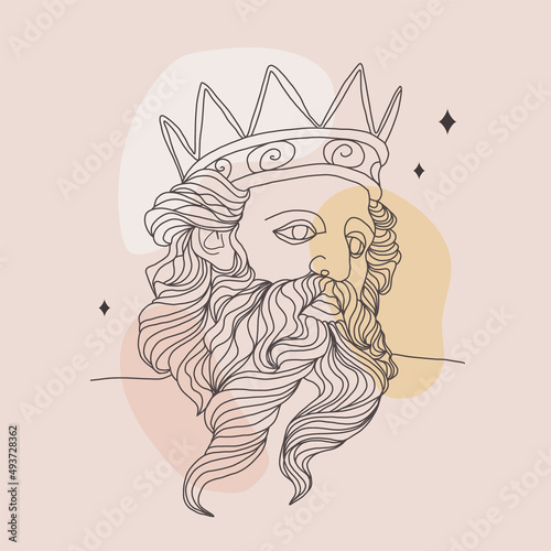 Ancient greek sculpture. Linear head of Poseidon. God antique statue. Trendy vector illustration in one line drawing style. Minimalist male bust with abstract shapes.