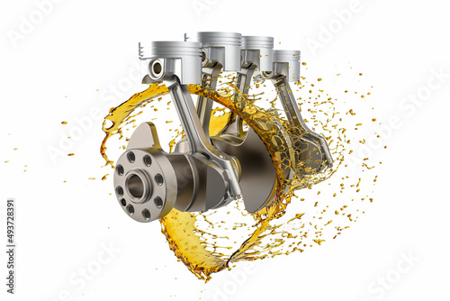 3d illustration of car engine with lubricant oil. Car engine components with splashes of oil on white background