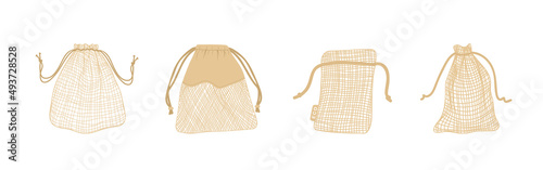 Set of mesh eco bags isolated on white background. Natural and biodegradable material pouches. Vector illustration in flat cartoon style. Eco friendly product. Zero waste concept. No plastic.