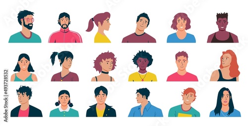 Cartoon head portraits. Social network male and female avatars of young adult characters. Mens and womens hairstyles. Players profiles and accounts. Smiling people. Vector human faces set