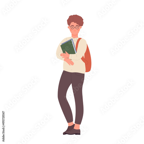 Teenager student with glasses holding book. Standing pupil posture with backpack cartoon vector illustration © Flash Vector